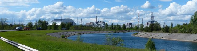 The main ChNPP; the silver structure on the left is the New Containment Structure.